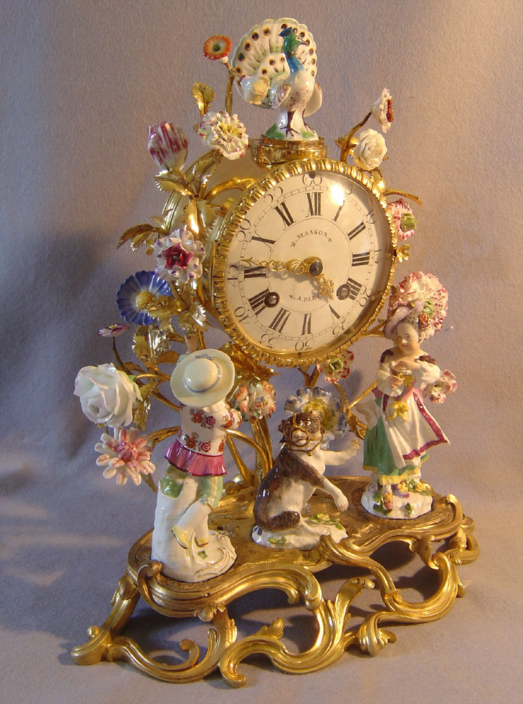 Fine antique 18th century ormolu & Meissen porcelain mantel clock signed Masson