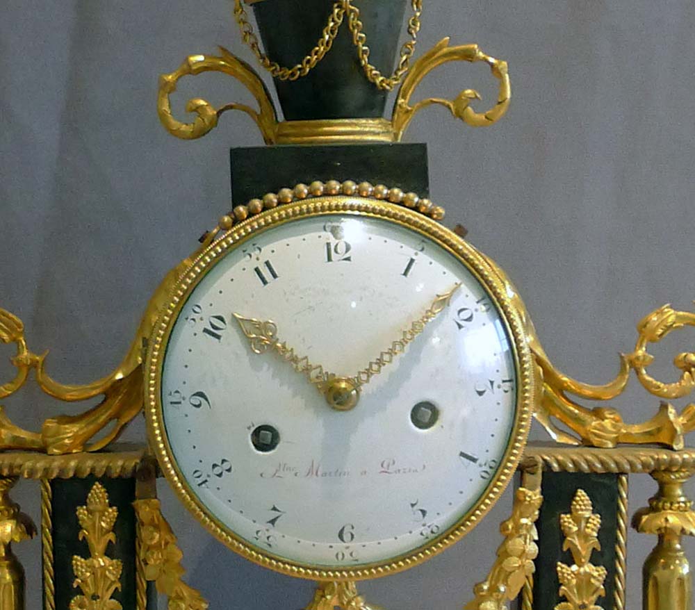 Antique French Louis XVI ormolu mounted white and grey marble mantel clock.