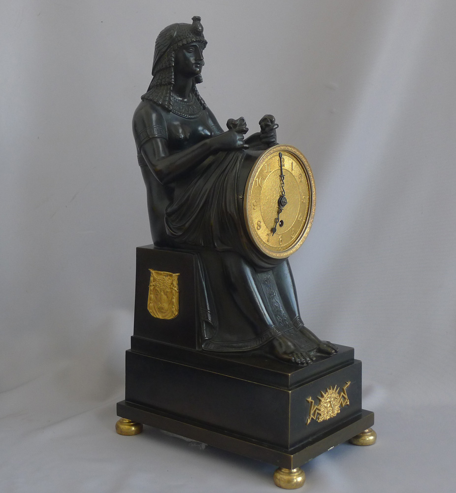 Antique English George III patinated bronze and ormolu Gout d'Egypt clock of Isis.