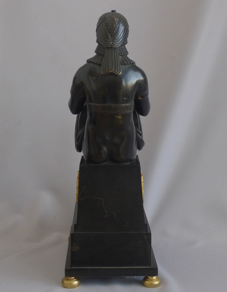 Antique English George III patinated bronze and ormolu Gout d'Egypt clock of Isis.