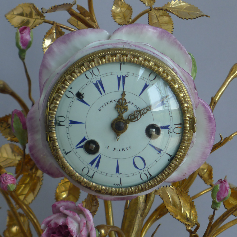 Fine Louis XVth 18th century  porcelain and ormolu mantel clock by Etienne Lenoir