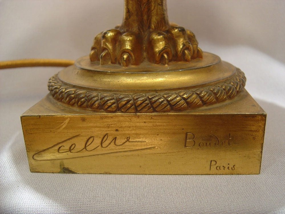 Table lamp in gilt bronze and blue porcelain signed Boudet.