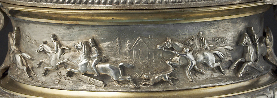 A magnificent Victorian two handled equestrian cup and cover.