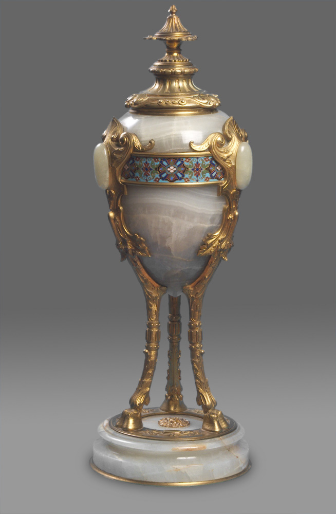 French antique massive urn in cloisonnee, ormolu and onyx.