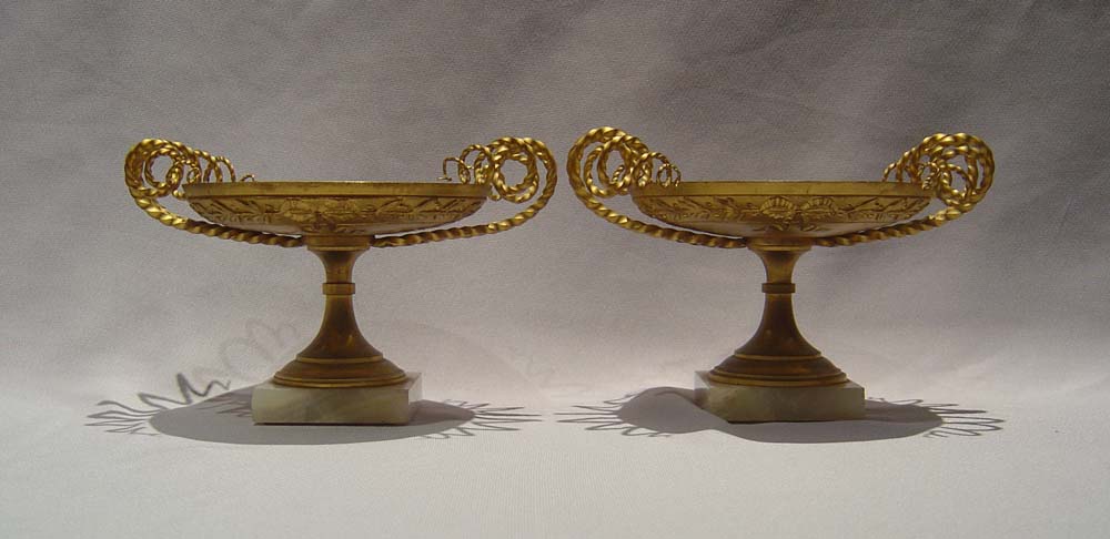 Antique gilt bronze tazzas, elegant with alabaster base.