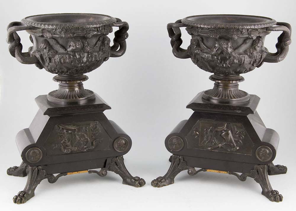 Pair antique French patinated bronze and marble Warwick vases