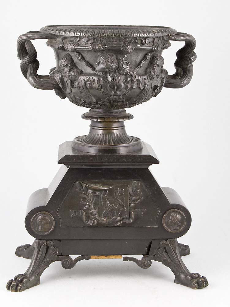 Pair antique French patinated bronze and marble Warwick vases