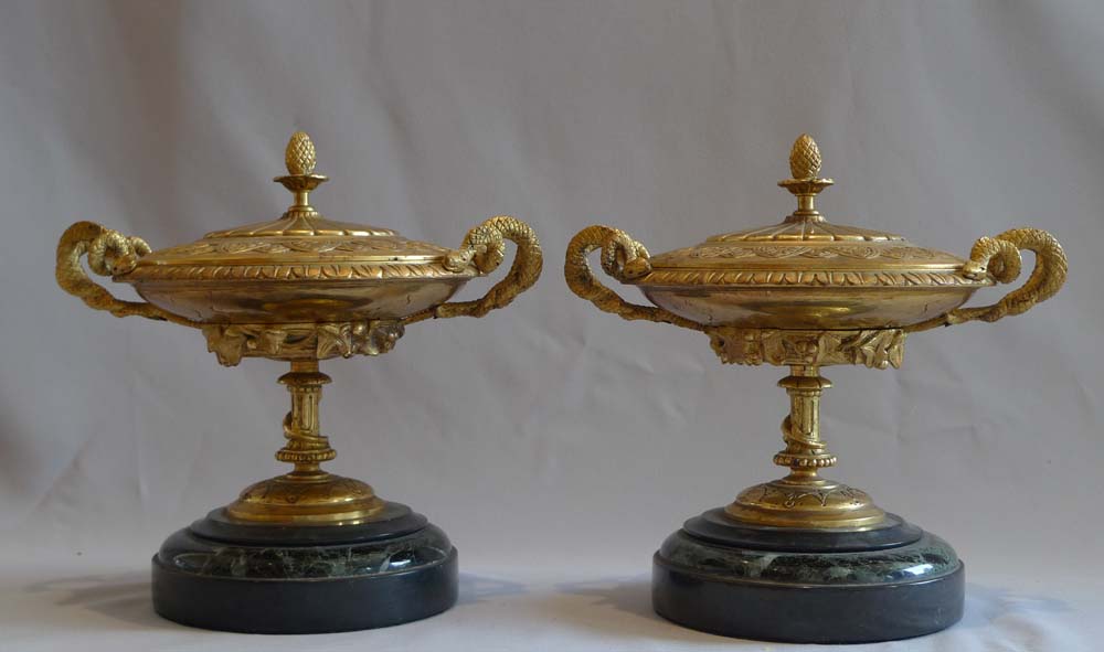 Pair antique gilt bronze and marble lidded tazzas.