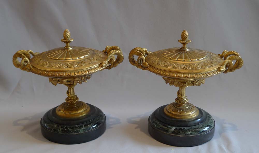 Pair antique gilt bronze and marble lidded tazzas.
