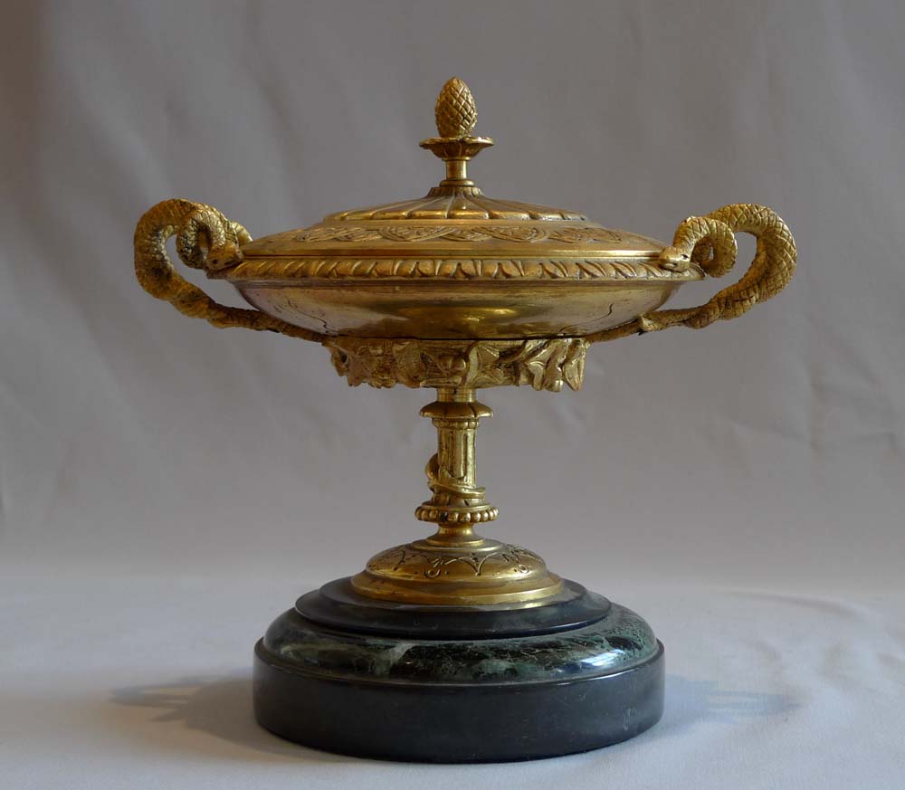 Pair antique gilt bronze and marble lidded tazzas.
