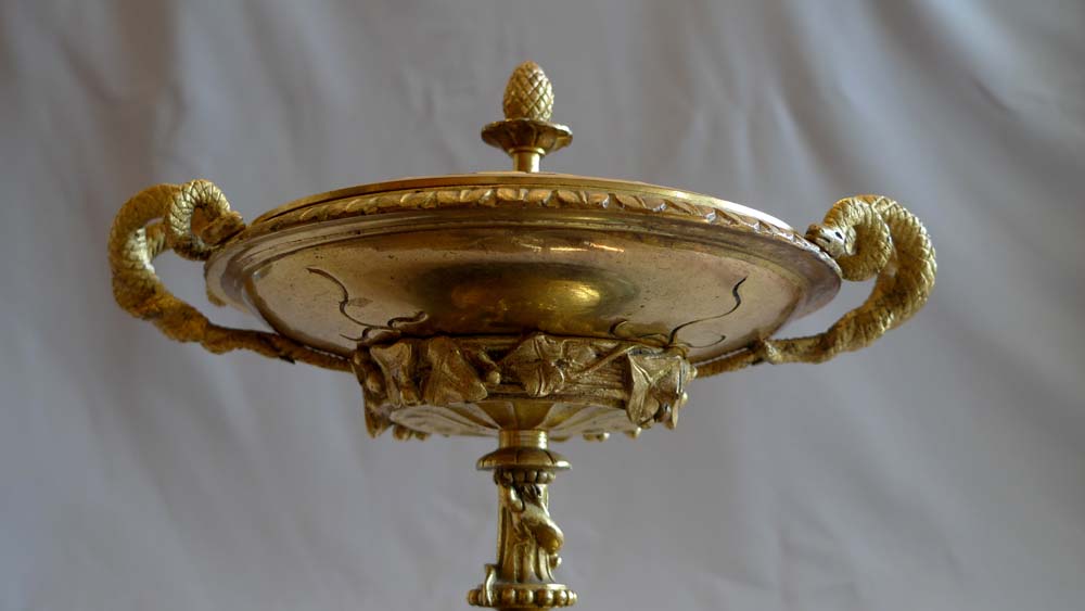 Pair antique gilt bronze and marble lidded tazzas.
