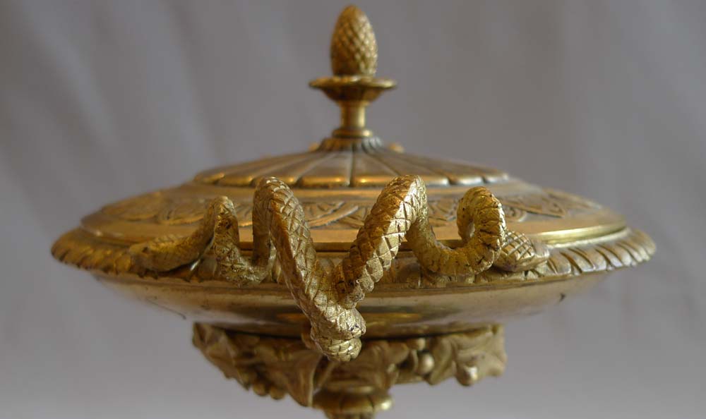 Pair antique gilt bronze and marble lidded tazzas.