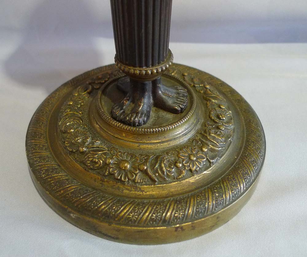 Pair ormolu and patinated bronze candlesticks with masks and feet base with reeded columns.
