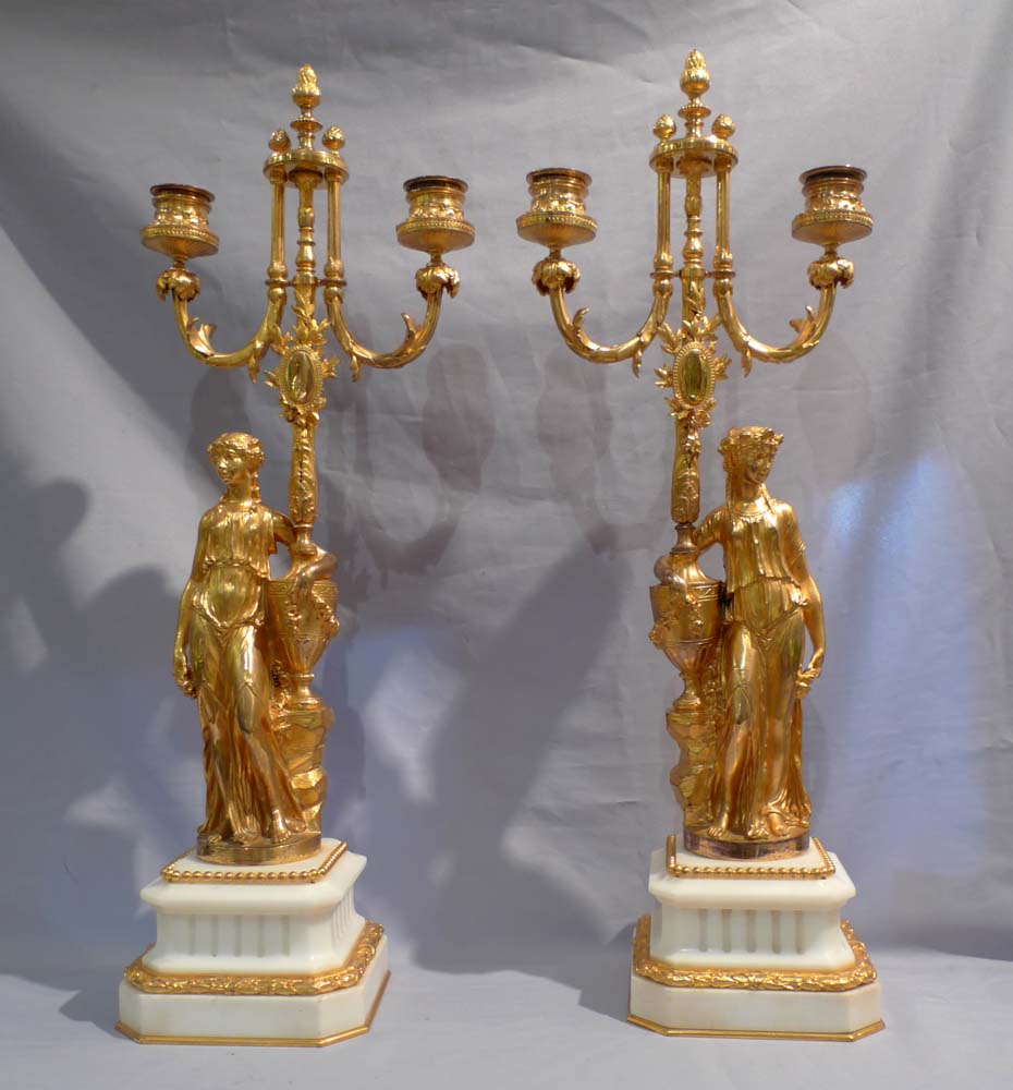 Antique pair of ormolu and white marble candelabra signed Barbedienne in the bronze.