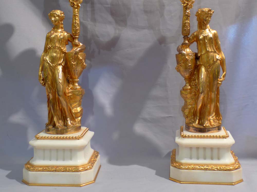 Antique pair of ormolu and white marble candelabra signed Barbedienne in the bronze.