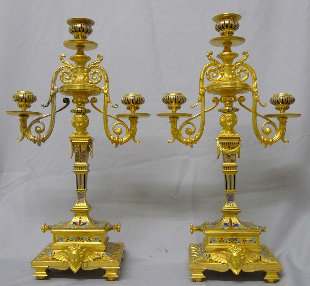 Antique Pair of ormolu and cloissonee candelabra in the manner of F. Barbedienne.