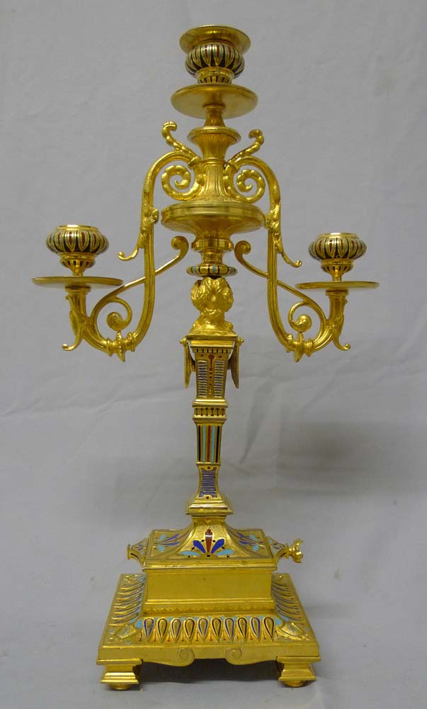 Antique Pair of ormolu and cloissonee candelabra in the manner of F. Barbedienne.
