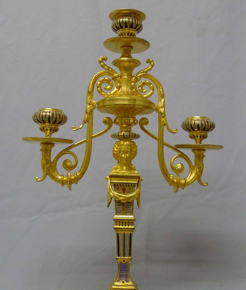 Antique Pair of ormolu and cloissonee candelabra in the manner of F. Barbedienne.