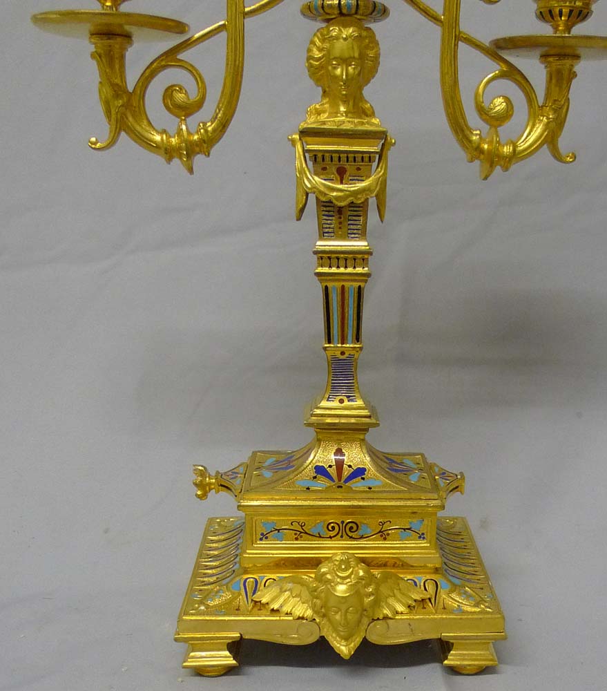 Antique Pair of ormolu and cloissonee candelabra in the manner of F. Barbedienne.