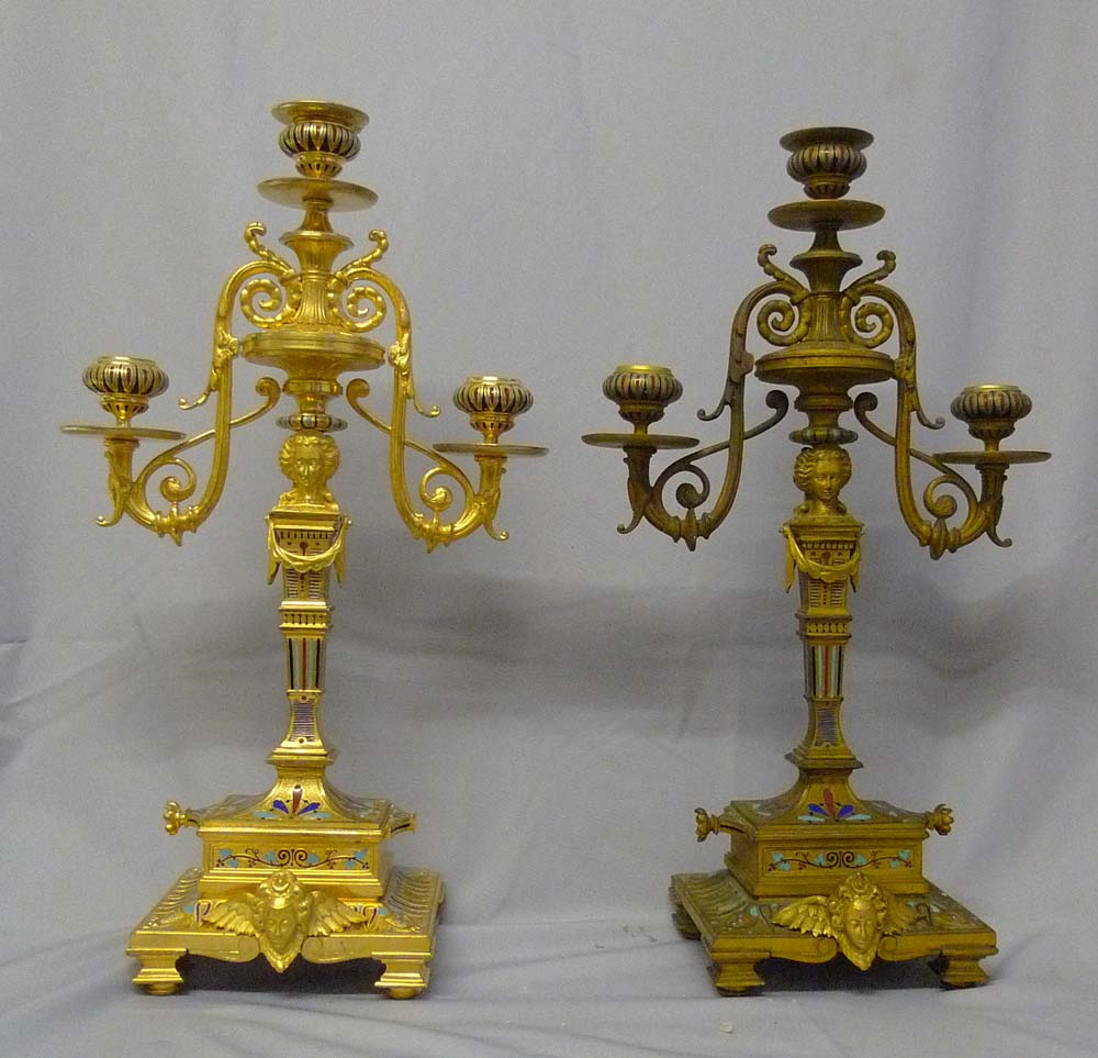 Antique Pair of ormolu and cloissonee candelabra in the manner of F. Barbedienne.