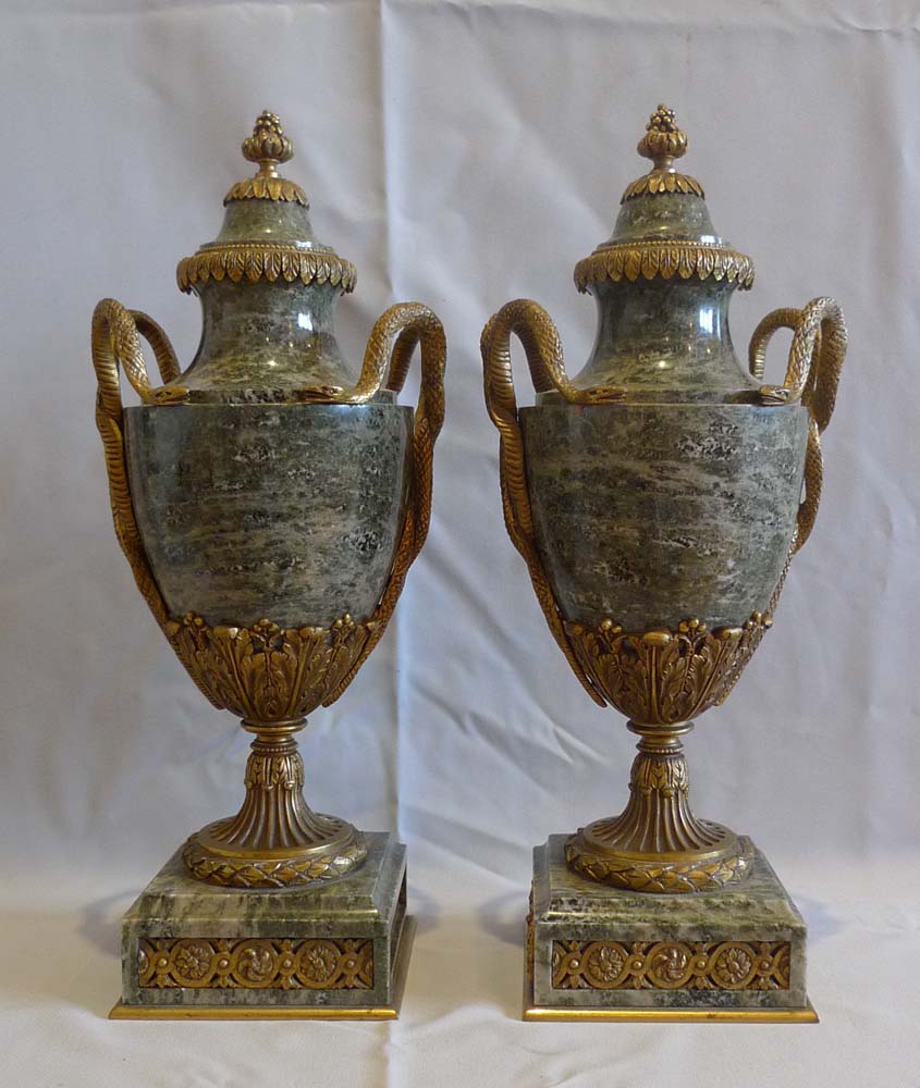 Antique French pair of marble and ormolu lidded urns stamped