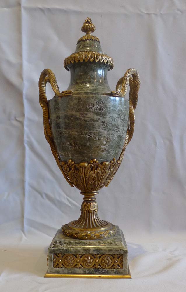 Antique French pair of marble and ormolu lidded urns stamped