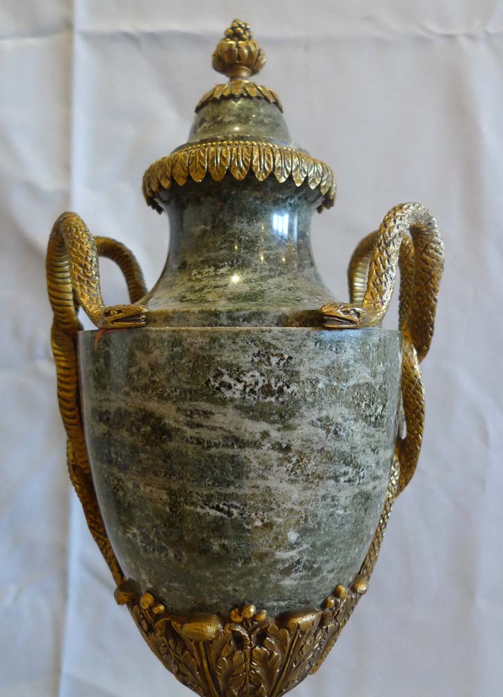 Antique French pair of marble and ormolu lidded urns stamped