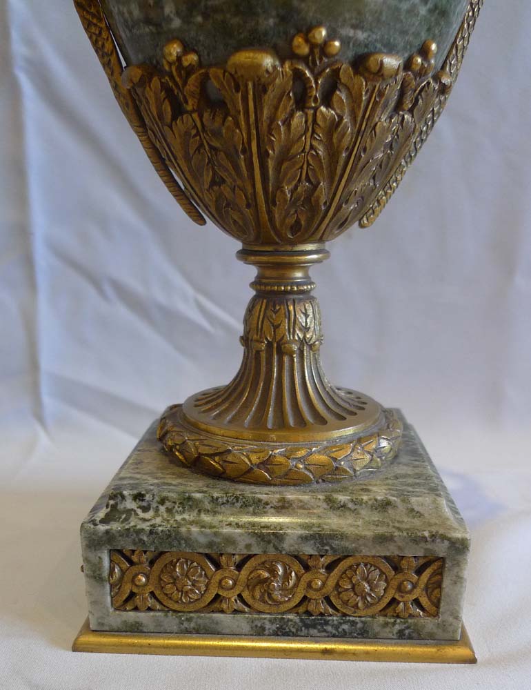 Antique French pair of marble and ormolu lidded urns stamped