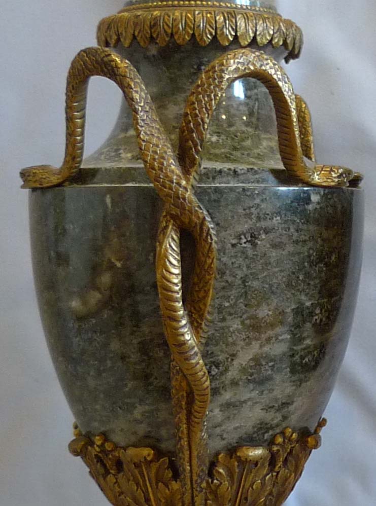 Antique French pair of marble and ormolu lidded urns stamped