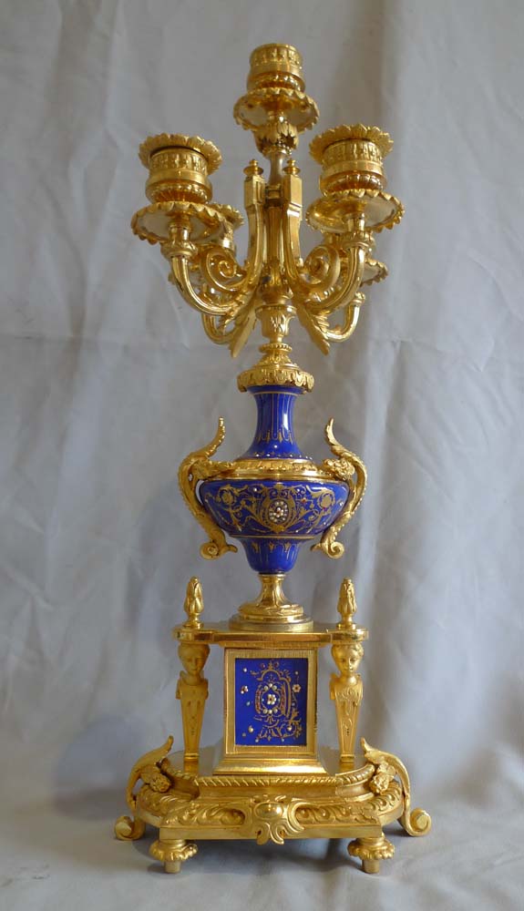 Antique French pair of candelabra in ormolu and blue du roi porcelain.