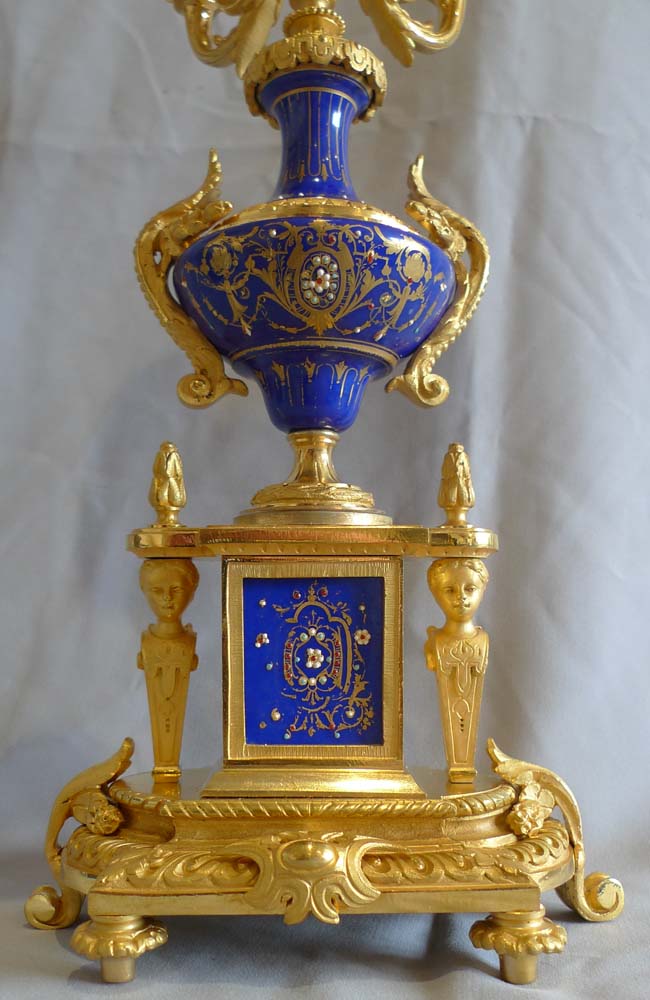 Antique French pair of candelabra in ormolu and blue du roi porcelain.