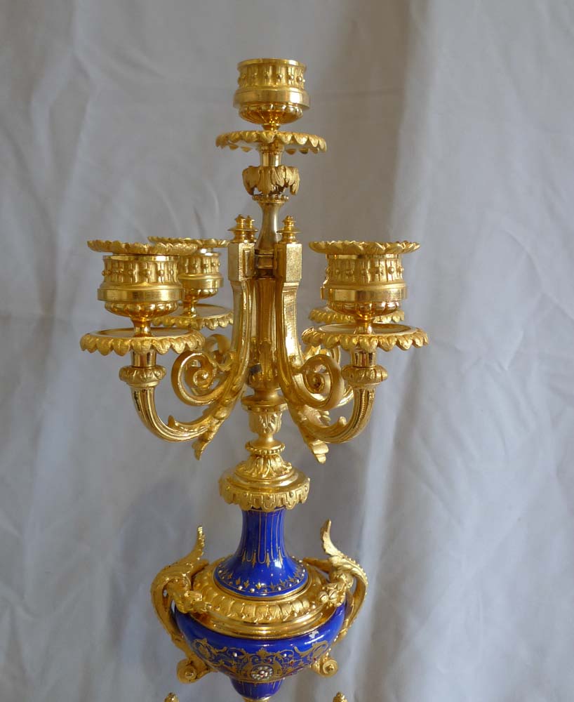 Antique French pair of candelabra in ormolu and blue du roi porcelain.