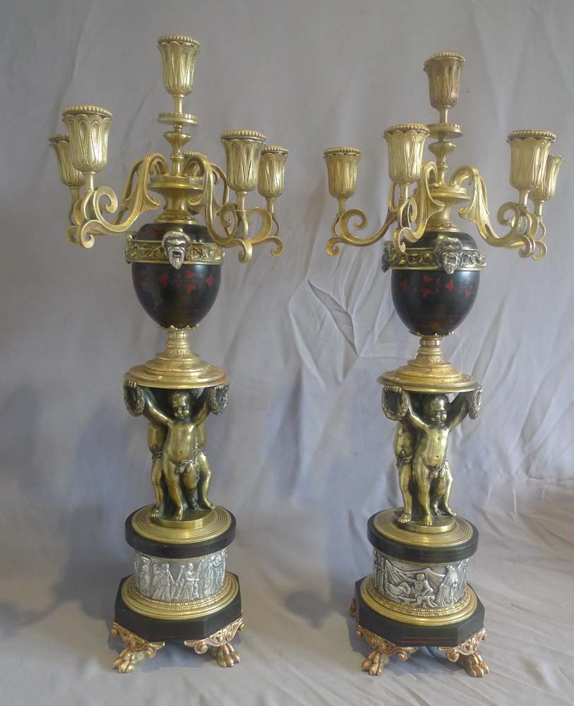 Antique and unusual pair of gilt and silvered bronze, inlaid marble 6 sconce candelabra.