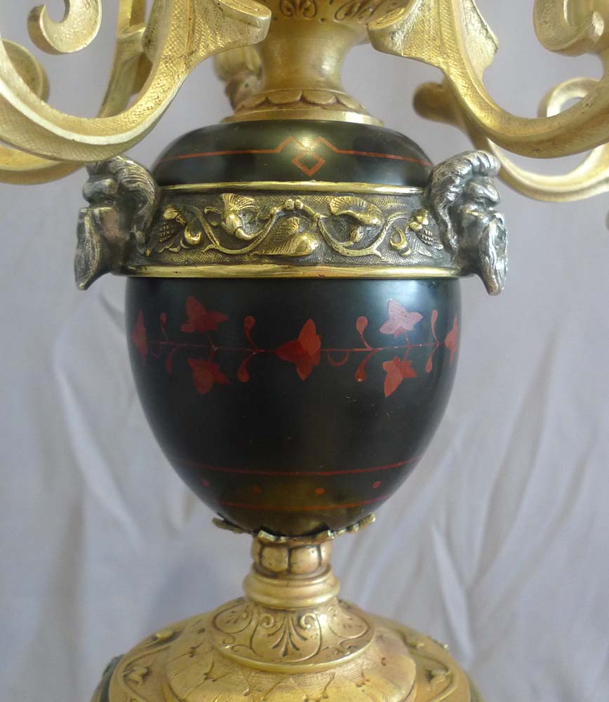 Antique and unusual pair of gilt and silvered bronze, inlaid marble 6 sconce candelabra.