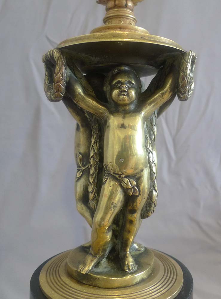 Antique and unusual pair of gilt and silvered bronze, inlaid marble 6 sconce candelabra.