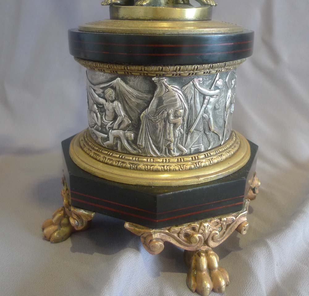 Antique and unusual pair of gilt and silvered bronze, inlaid marble 6 sconce candelabra.