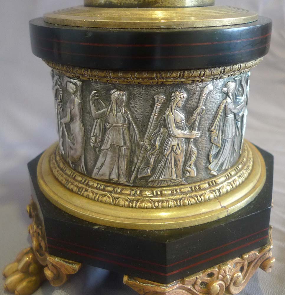 Antique and unusual pair of gilt and silvered bronze, inlaid marble 6 sconce candelabra.