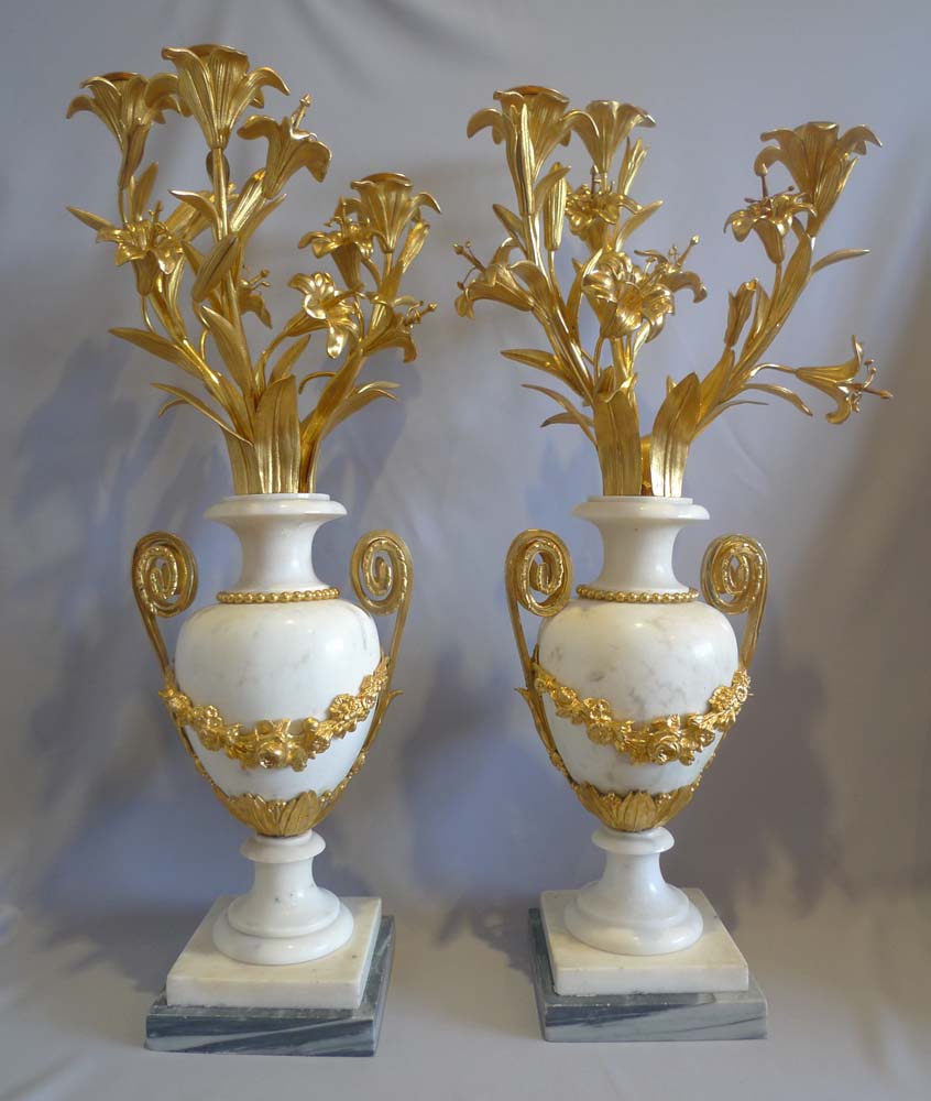 Antique candelabra, gilt bronze mounted white marble baluster shape.