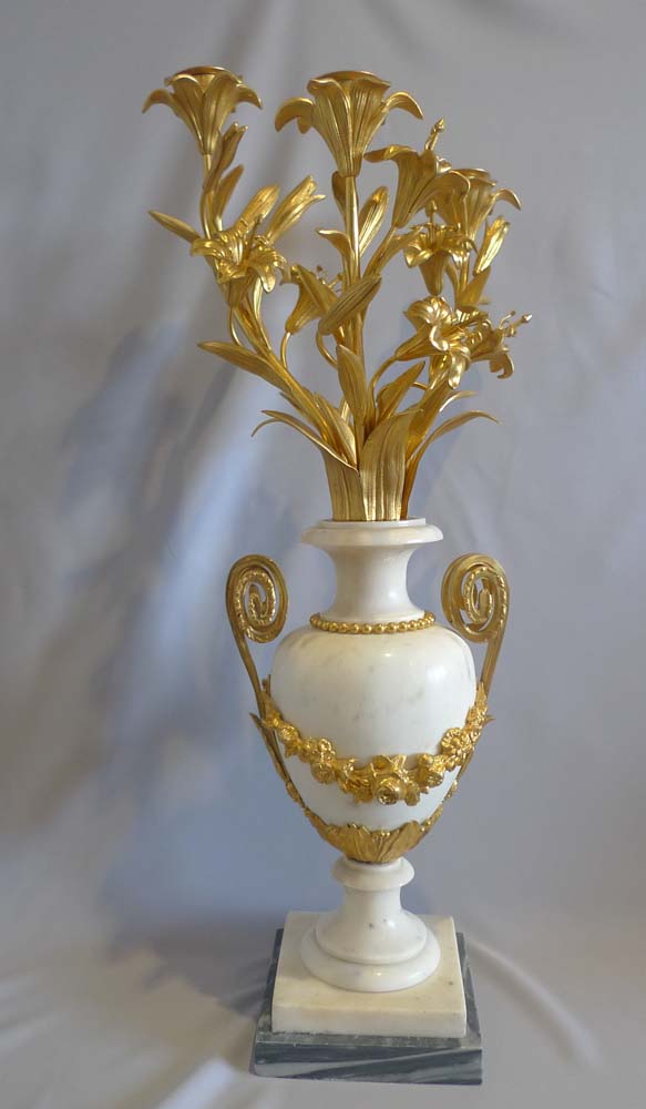 Antique candelabra, gilt bronze mounted white marble baluster shape.