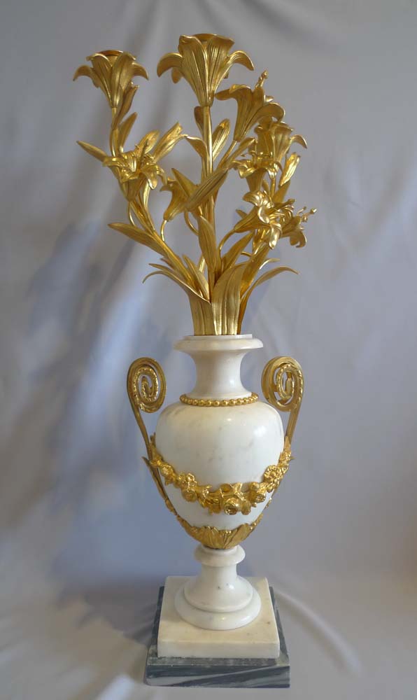 Antique candelabra, gilt bronze mounted white marble baluster shape.