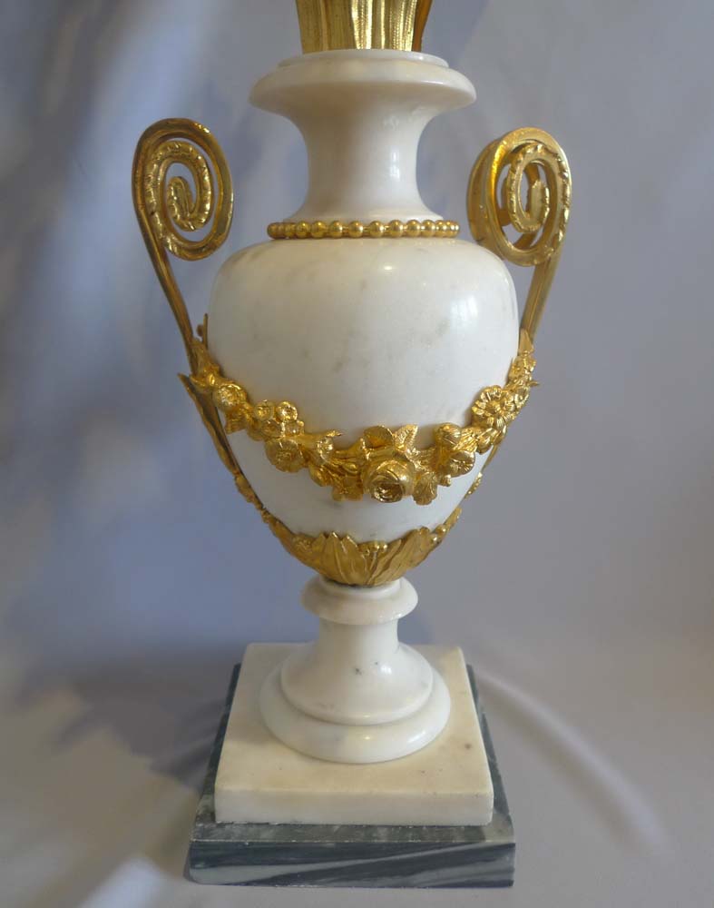 Antique candelabra, gilt bronze mounted white marble baluster shape.