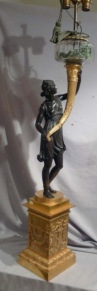 Large French Empire figural candlestick base converted to oil lamp.