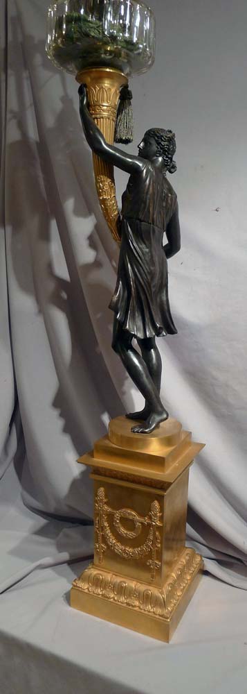 Large French Empire figural candlestick base converted to oil lamp.