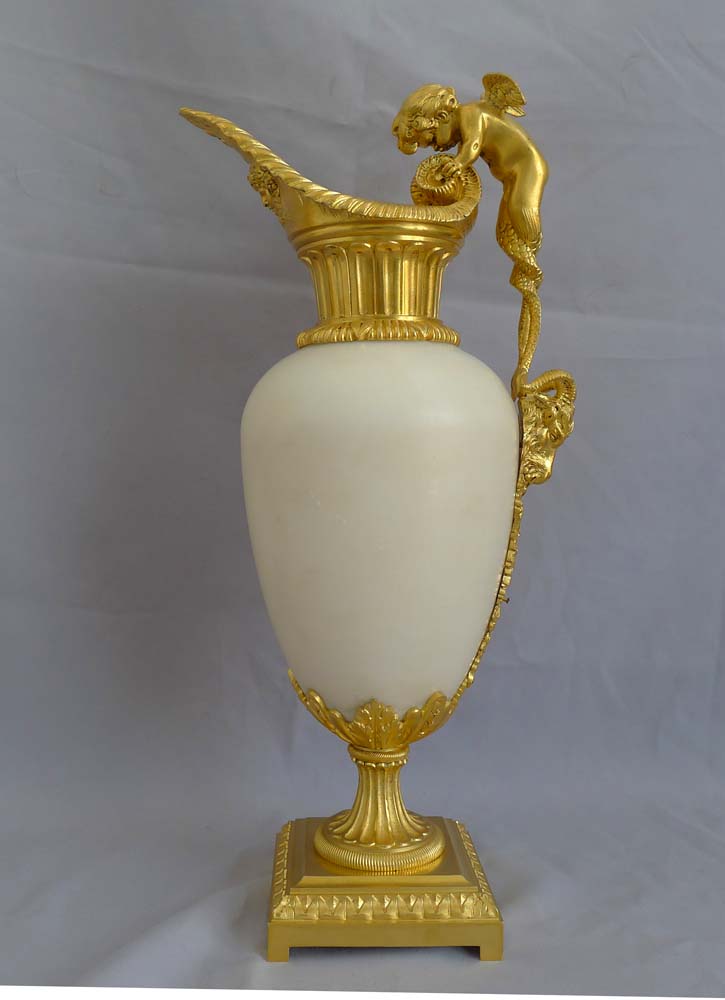 Antique Pair of French ormolu and white marble decorative ewers of outstanding quality.