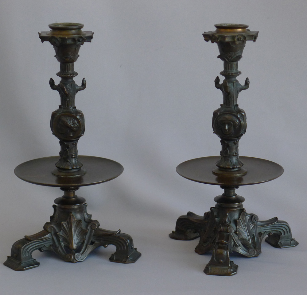 Antique French patinated bronze candlesticks