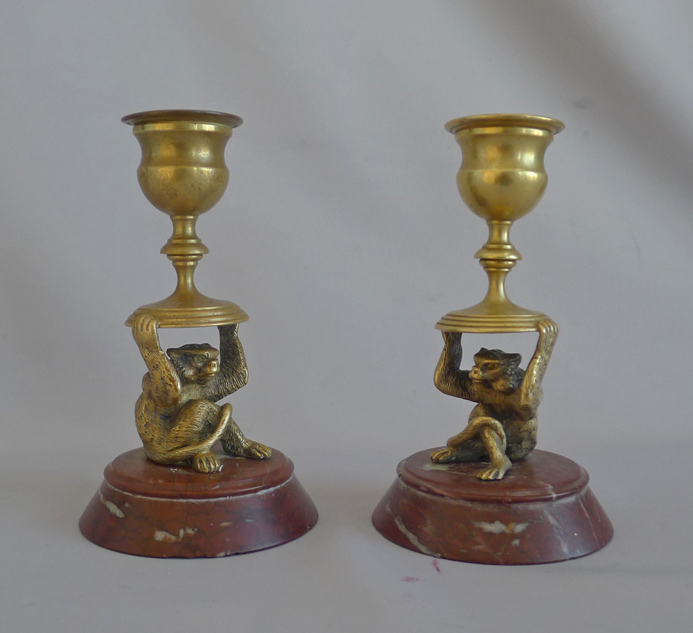 Antique pair of novelty gilt Monkey  Candlesticks