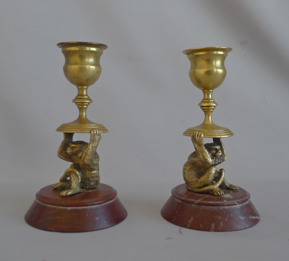 Antique pair of novelty gilt Monkey  Candlesticks
