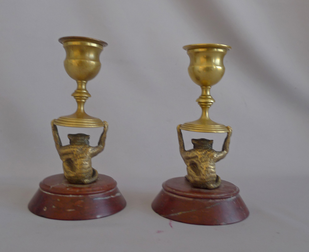Antique pair of novelty gilt Monkey  Candlesticks