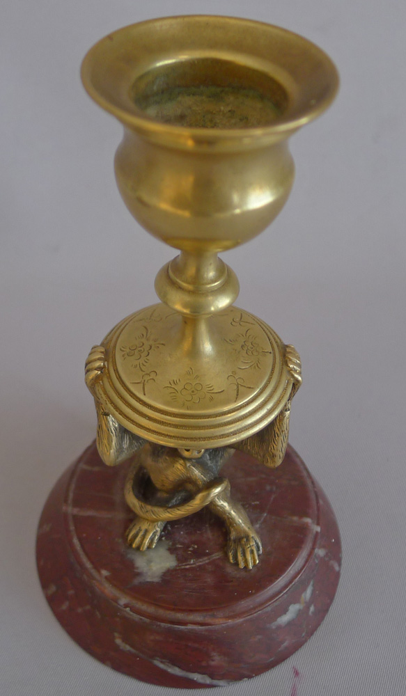 Antique pair of novelty gilt Monkey  Candlesticks