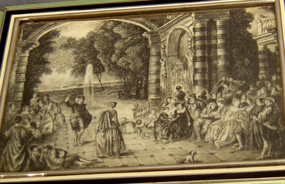 Antique Austrian Silver, guilloche enamel box with engraving on ivory and watercolour on ivory.